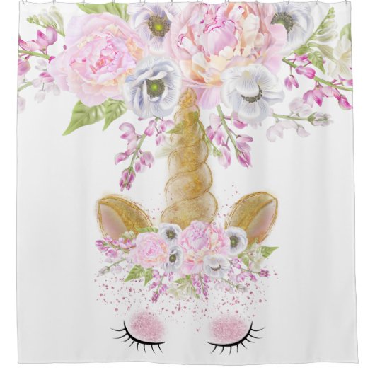 ユニコーン顔ピンク牡丹フローラ幻想的なアートワーク™ シャワーカーテン (正面)