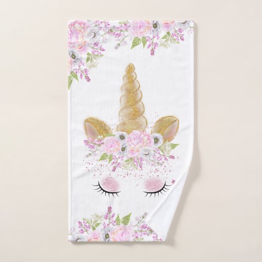 ユニコーン顔ピンク牡丹フローラ幻想的なアートワーク™ バスタオルセット (ハンドタオル)