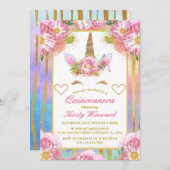 ユニコーン顔ピンク金ゴールドキンセニェラ 招待状 (正面/裏面)