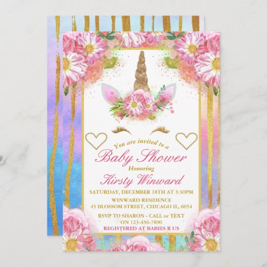 ユニコーン顔ピンク金ゴールドベビーシャワー招待状 招待状 (正面/裏面)
