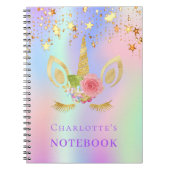 ユニコーン顔ピンク金ゴールド星ホログラフィック ノートブック (正面)