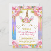 ユニコーン顔ピンク金ゴールド誕生日パーティー 招待状 (正面)