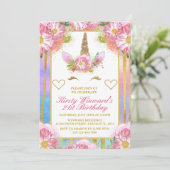 ユニコーン顔ピンク金ゴールド誕生日パーティー 招待状 (スタンド正面)