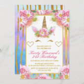 ユニコーン顔ピンク金ゴールド誕生日パーティー 招待状 (正面/裏面)