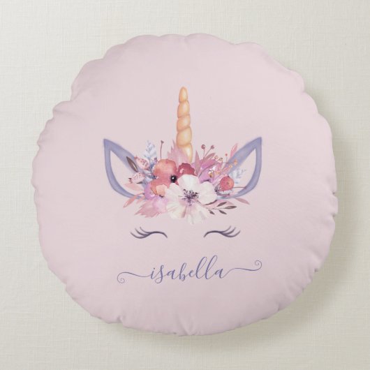 ユニコーン顔フローラ水カラーデザイン ラウンドクッション (正面)