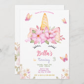 ユニコーン顔フローラ水彩バースデーパーティー 招待状 (正面/裏面)