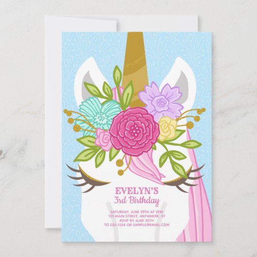 ユニコーン顔フローラ誕生日招待状 招待状 (正面)