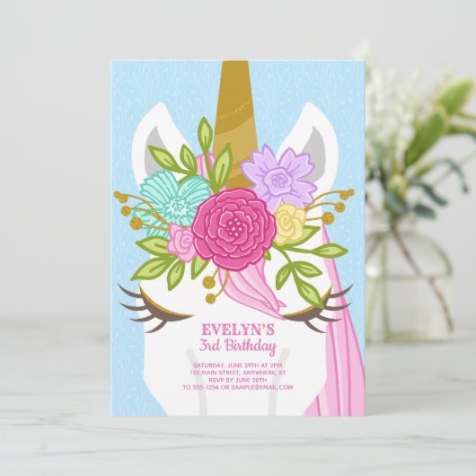 ユニコーン顔フローラ誕生日招待状 招待状 (スタンド正面)