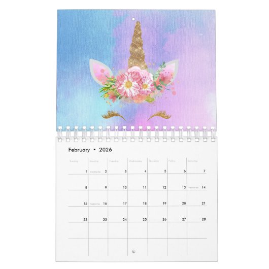 ユニコーン顔ホーングリッターピンクローズアクアウォーターコロ カレンダー (2月 2026)