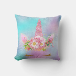 ユニコーン顔ホーンラッシュピンクの花金ゴールドアクア クッション