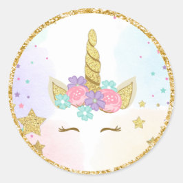 ユニコーン顔メッセージカード魔法の誕生日ピンク金ゴールド ラウンドシール