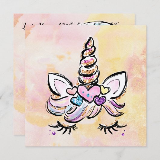 ユニコーン顔誕生日 招待状 (正面/裏面)