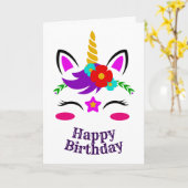 ユニコーン顔誕生日、赤と青のフローラ、ZKOA カード (黄色い花)