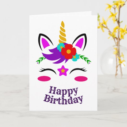ユニコーン顔誕生日、赤と青のフローラ、ZKOA カード (黄色い花)