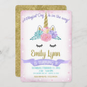 ユニコーン顔金ゴールドグリッターマジカルパステルフラワーズ 招待状 (正面/裏面)