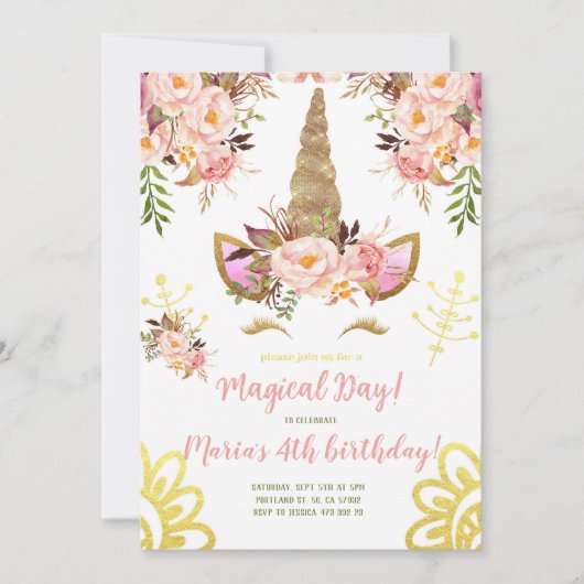 ユニコーン顔金ゴールドピンク牡丹フローラ誕生日 招待状 (正面)