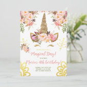 ユニコーン顔金ゴールドピンク牡丹フローラ誕生日 招待状 (スタンド正面)