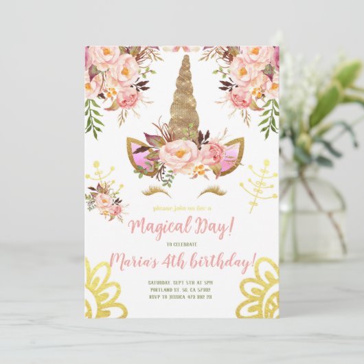 ユニコーン顔金ゴールドピンク牡丹フローラ誕生日 招待状 (スタンド正面)