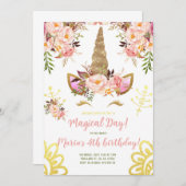ユニコーン顔金ゴールドピンク牡丹フローラ誕生日 招待状 (正面/裏面)