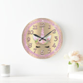 ユニコーン顔金ゴールド番号ガーリーグリッタースパークピンク ラージ壁時計 (ホーム)
