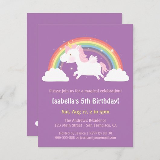 ユニコーン飛んでいるオーバーレインボーガールズバースデーパーティー 招待状 (正面/裏面)
