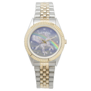 ユニコーン飛んでいるレインボーアニマルアートパーソナライズされた 腕時計