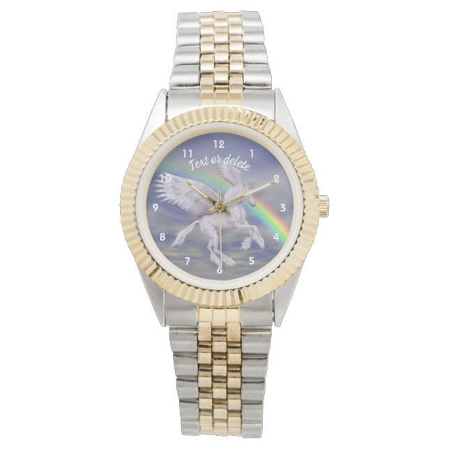 ユニコーン飛んでいるレインボーアニマルアートパーソナライズされた 腕時計 (正面)