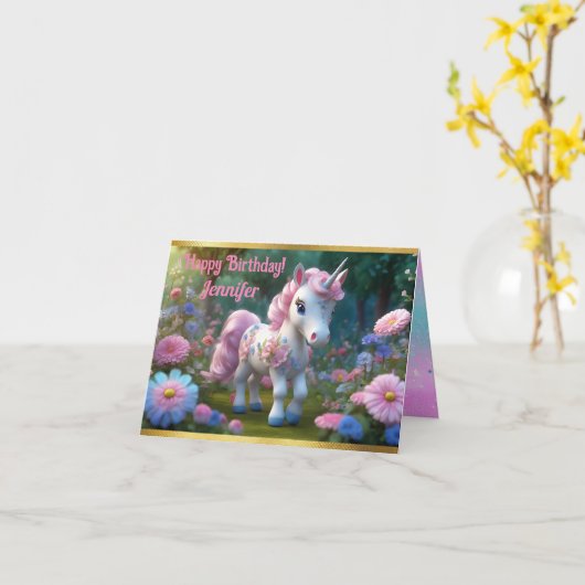 ユニコーン魅力的誕生日折りグリーティングカード カード (黄色い花)