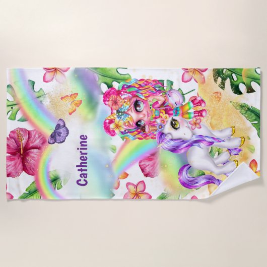 ユニコーン魔法の虹の女の子が魔法をかけたガーデンフローラ ビーチタオル (正面)