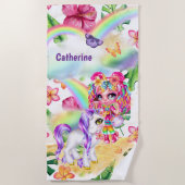 ユニコーン魔法の虹の女の子が魔法をかけたガーデンフローラ ビーチタオル (正面)