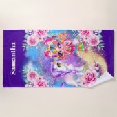 ユニコーン魔法の虹の女の子の名前ファンタジー ビーチタオル (正面)