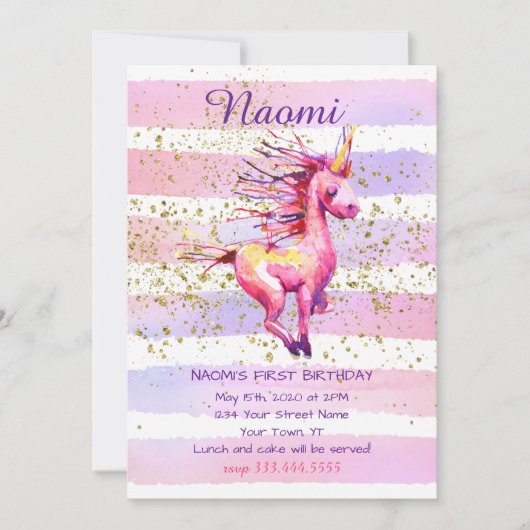 ユニコーン魔法ウォーターカラーガールファースト誕生日 招待状 (正面)