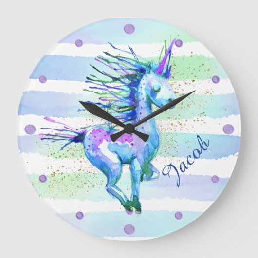 ユニコーン魔法ウォーターストライプカラー青 ラージ壁時計 (正面)