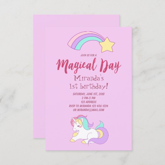 ユニコーン魔法ガーリー誕生日パーティー招待カード 招待状 (正面/裏面)