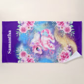 ユニコーン魔法グリッターの女の子名ファンタジー  ビーチタオル (正面)