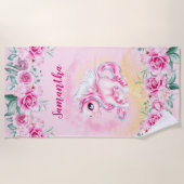 ユニコーン魔法ピンクローズDIY女子名フローラ ビーチタオル (正面)