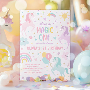 ユニコーン魔法ワンパステルレインボー1st誕生日 招待状
