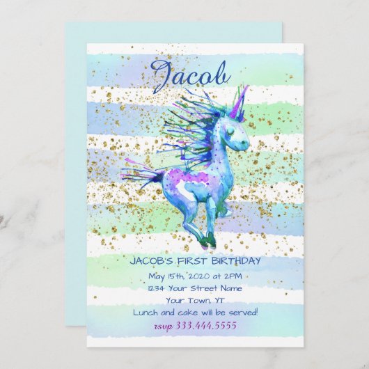 ユニコーン魔法水彩少年の最初の誕生日パーティー 招待状 (正面/裏面)
