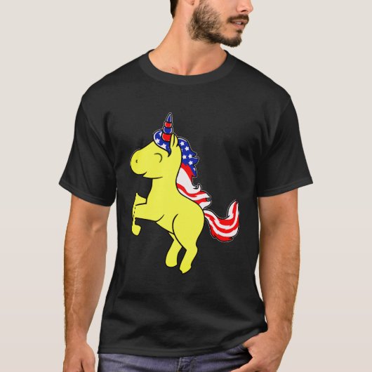 ユニコーン黄愛国的なアメリカ国旗の漫画 Tシャツ (正面)