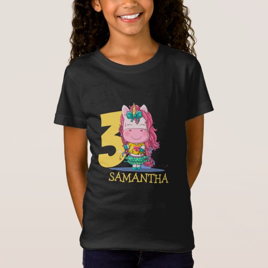 ユニコーン黄色3歳誕生日   Tシャツ (正面)