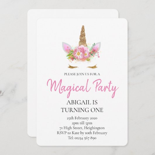 ユニコーン1回目の誕生日の招待状 招待状 (正面/裏面)