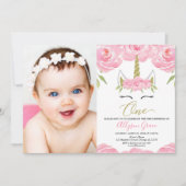 ユニコーン1歳の誕生日エレガントフローラ写真 招待状 (正面)