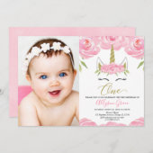 ユニコーン1歳の誕生日エレガントフローラ写真 招待状 (正面/裏面)