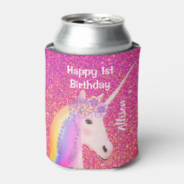 ユニコーン1歳の誕生日パーティーピンクグリッターモノグラム 缶クーラー