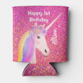 ユニコーン1歳の誕生日パーティーピンクグリッターモノグラム 缶クーラー (正面)