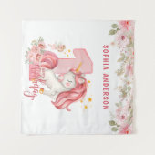 ユニコーン1歳の誕生日ピンクの小さな女の子 タペストリー (正面(横))