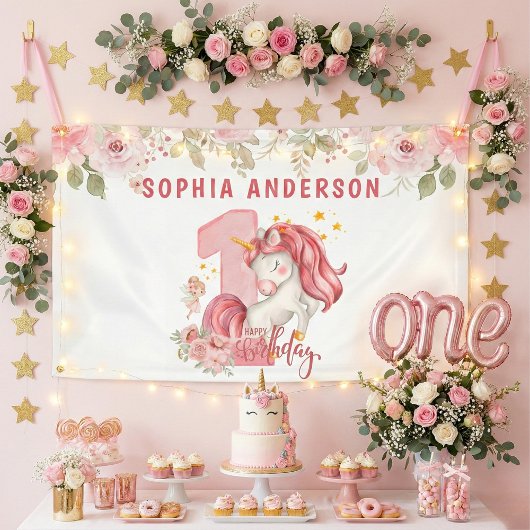 ユニコーン1歳の誕生日ピンクの小さな女の子 横断幕