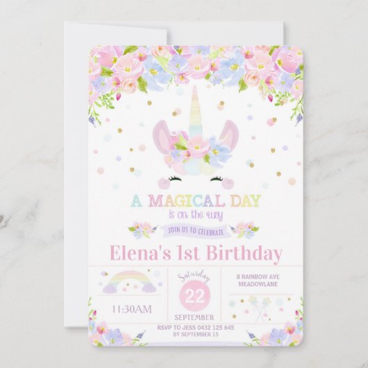 ユニコーン1歳の誕生日招待状レインボーフローラ 招待状 (正面)