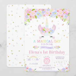 ユニコーン1歳の誕生日招待状レインボーフローラ 招待状