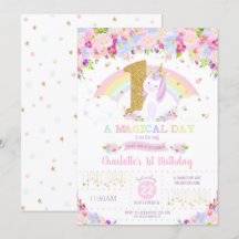 ユニコーン1歳の誕生日招待状 フラワーレインボー